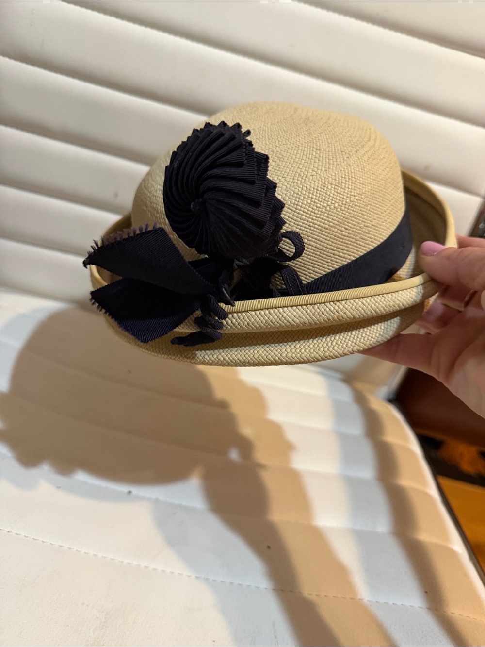 Vintage Beige Straw Cloche Hat w Black Ribbon -costume and/or black tie staple